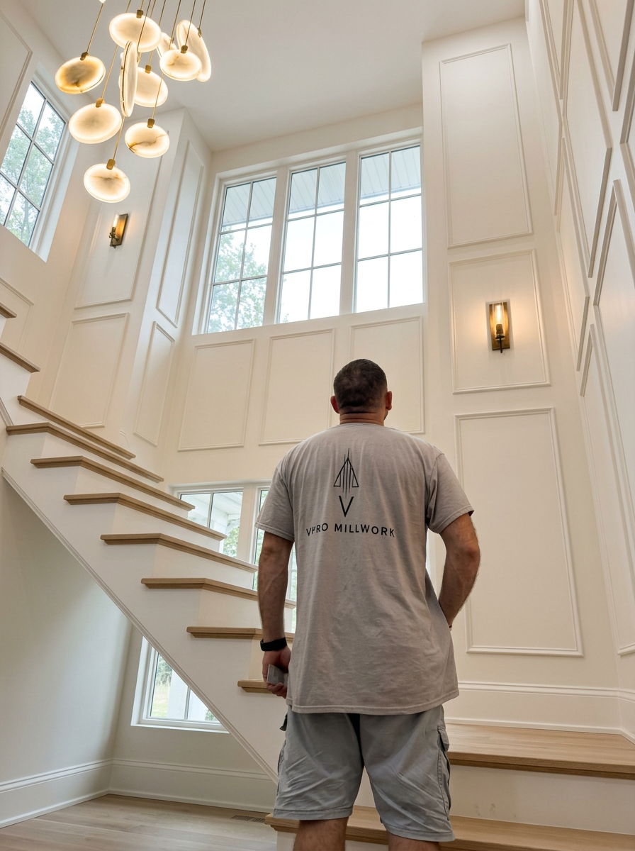 VPRO Millwork installer reviewing a two-story paneled stairwell in Orlando, Florida